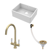 Traditional Fireclay Kitchen Bundle: Single Bowl Butler Sink with Overflow, Waste & Mono Lever Handle Tap, 595mm - Brushed Brass