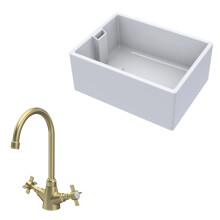 Traditional Fireclay Kitchen Bundle: 1 Bowl Belfast Sink & Mono Crosshead Handle Tap, 615mm - Brushed Brass