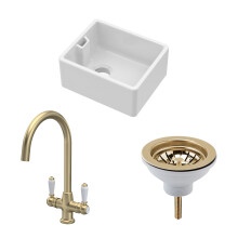 Traditional Fireclay Kitchen Bundle: Single Bowl Belfast Sink, Strainer Waste & Mono Lever Handle Tap, 460mm - Brushed Brass