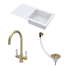 Traditional Fireclay Kitchen Bundle: 1 Bowl Sink & Drainer with Waste & Mono Lever Tap, 1010mm - Brushed Brass