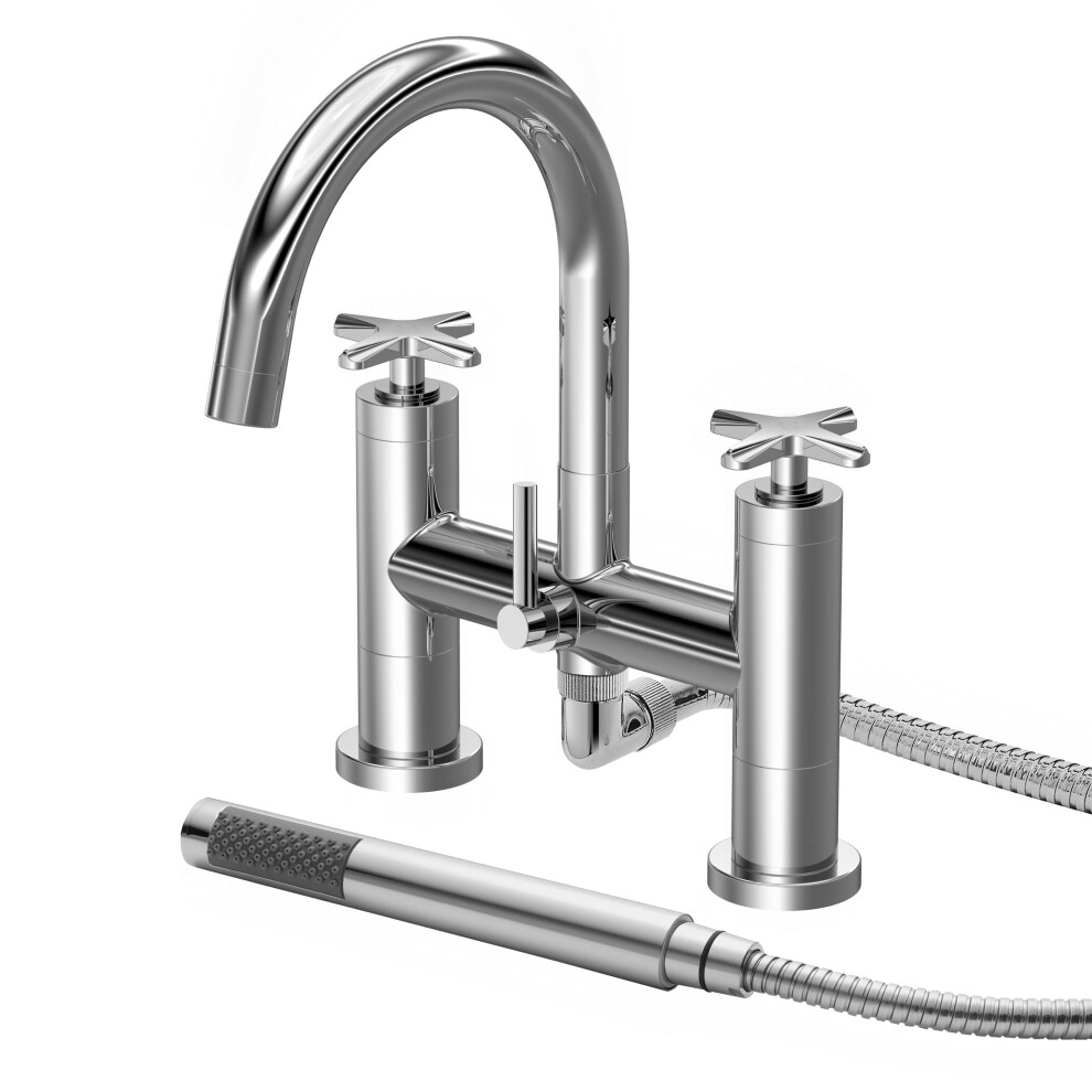 Balterley Levedale Deck Mounted Bath Shower Mixer Tap With Dual Crosshead Handles, High Curved Spout & Shower Kit - Chrome Finish