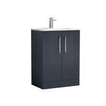Partial Fluted 2 Door Floor Standing Vanity Unit with 1 Tap Hole Minimalist Basin - 600mm - Satin Dark Grey