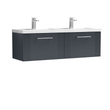 Partial Fluted 2 Drawer Wall Hung Vanity Unit with Double Polymarble Basin - 1200mm - Satin Dark Grey