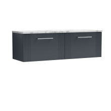 Partial Fluted 2 Drawer Wall Hung Vanity Unit with Carrera Marble Laminate Worktop - 1200mm - Satin Soft Black
