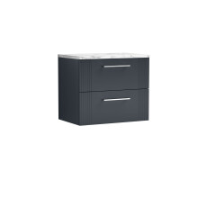 Partial Fluted 2 Drawer Wall Hung Vanity Unit with Carrera Marble Laminate Worktop - 600mm - Satin Dark Grey