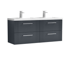 Partial Fluted 4 Drawer Wall Hung Vanity Unit with Double Polymarble Basin - 1200mm - Satin Dark Grey