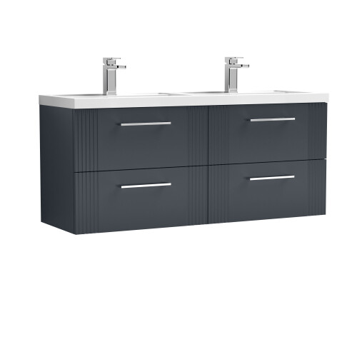 Balterley Partial Fluted 4 Drawer Wall Hung Vanity Unit with Double Polymarble Basin - 1200mm - Satin Dark Grey