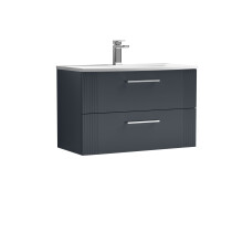 Partial Fluted 2 Drawer Wall Hung Vanity Unit with 1 Tap Hole Curved Basin- 800mm - Satin Soft Black