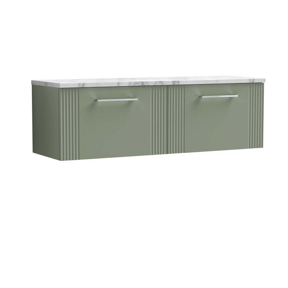 Balterley Partial Fluted 2 Drawer Wall Hung Vanity Unit With Carrera Marble Laminate Worktop - 1200Mm - Satin Green