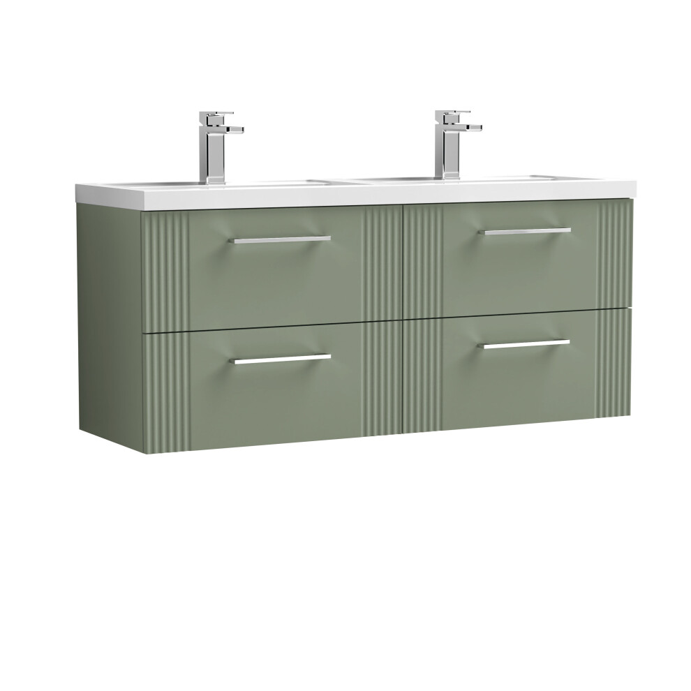 Balterley Partial Fluted 4 Drawer Wall Hung Vanity Unit With Double Polymarble Basin - 1200Mm - Satin Green