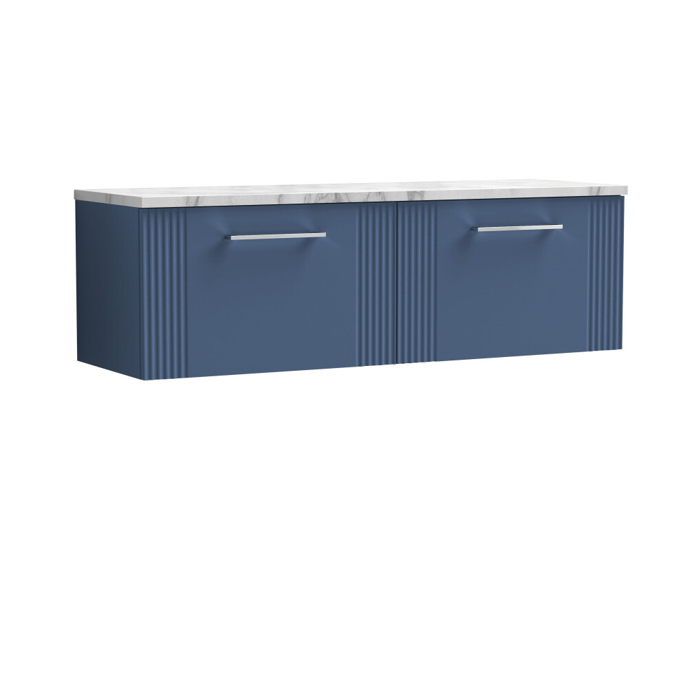 Balterley Partial Fluted 2 Drawer Wall Hung Vanity Unit With Carrera Marble Laminate Worktop - 1200Mm - Satin Blue