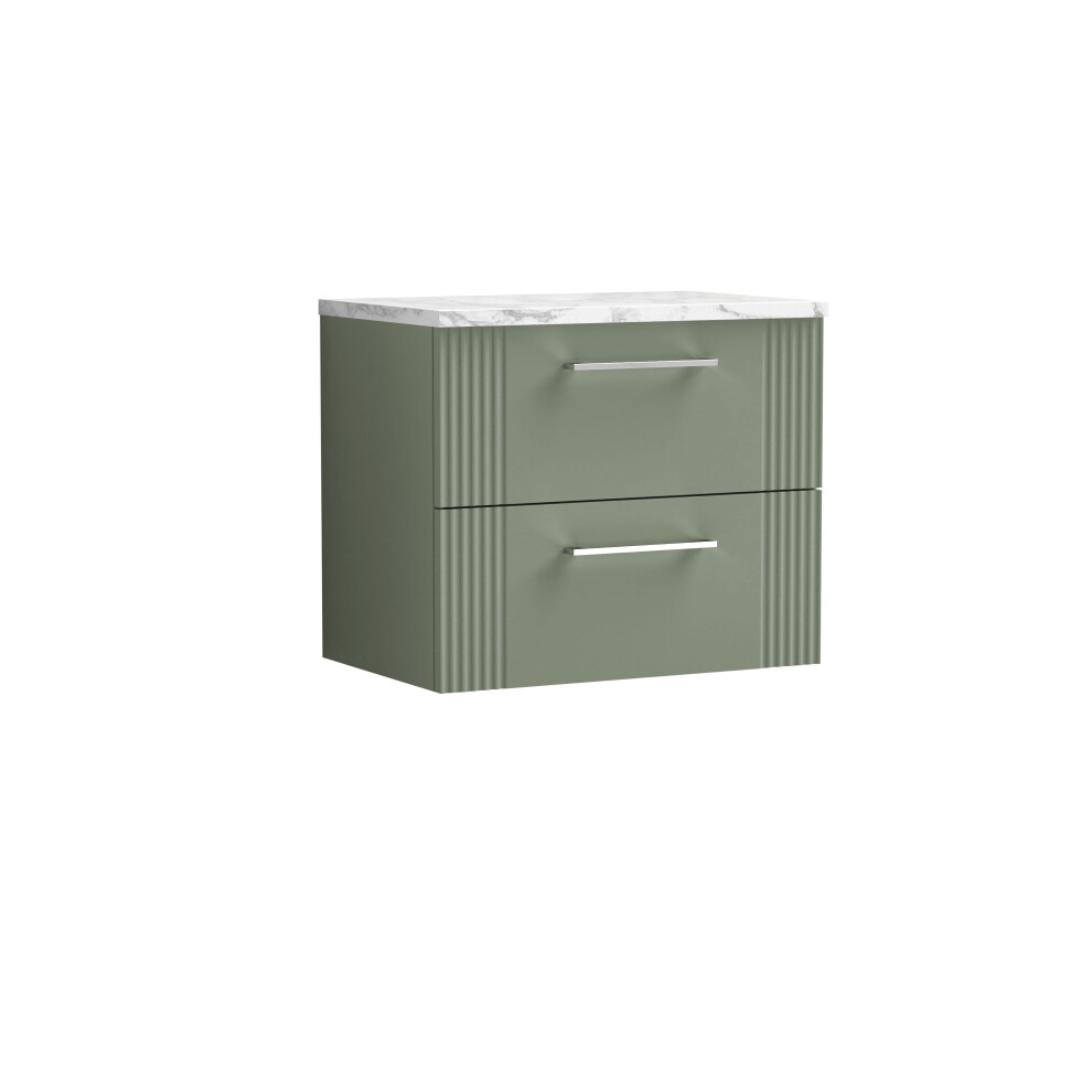 Balterley Partial Fluted 2 Drawer Wall Hung Vanity Unit With Carrera Marble Laminate Worktop - 600Mm - Satin Green
