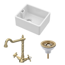Fireclay Kitchen Bundle: Single Bowl Belfast Sink, Strainer Waste & French Classic Tap, 460mm - Brushed Brass