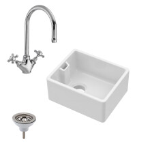 Fireclay Kitchen Bundle - Compact 460mm Belfast Sink + Overflow, Strainer Waste & Mono Sink Mixer Tap in White Finish by Balterley