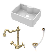 Fireclay Kitchen Bundle: Single Bowl Butler Sink with Overflow, Tap Ledge, Waste & Classic Tap, 595mm - Brushed Brass