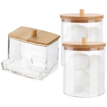 Cotton Swab Storage Box with Bamboo Lid Bathroom Container, Cotton /Swab Dispenser, Jar Storage Box