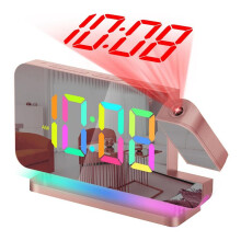 Projection Alarm Clock,7.4Inch LED Mirror Digital Clocks Large Display,+180Rotatable Projector,Night Light Rose Gold