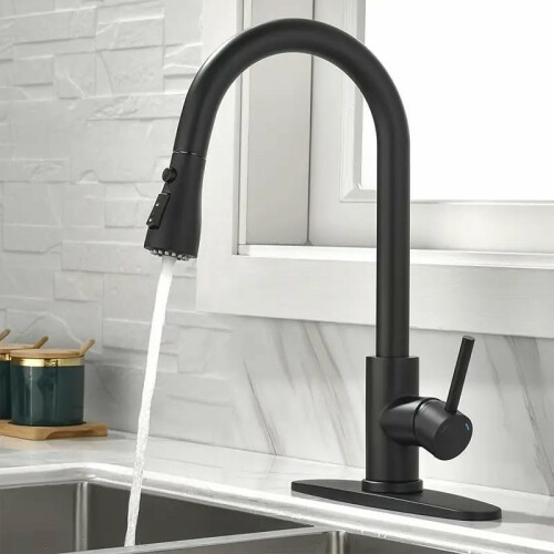 Matte Black Kitchen Faucet with Pull Down Sprayer, Single Handle Stainless Steel, Easy Install Ref: 3485