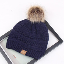 (Navy Blue) Knitted Hat Womens Sleeve Hairball Winter Hat Warm Fashion Variety Color Simple