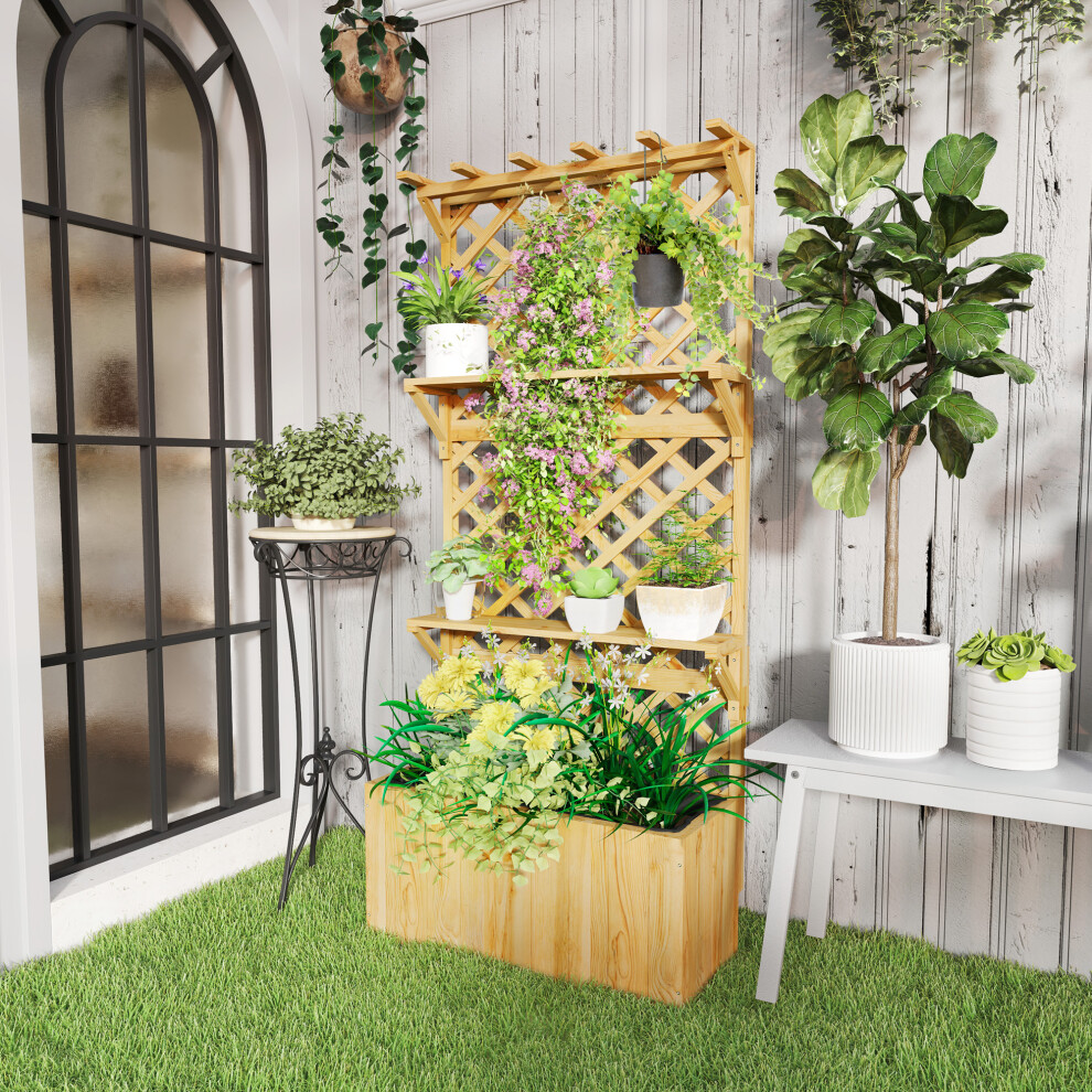 Outsunny Wooden Raised Planter With Trellis And 2 Shelves, Nature Wood