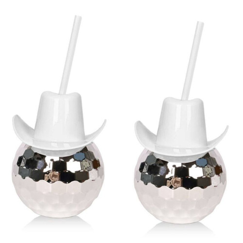 2Pcs Disco  Cups with Straw, Disco Flash  Cocktail Cup, Disco Cowboys Hat Cups, Flash Cocktail Cup Silver+White 1