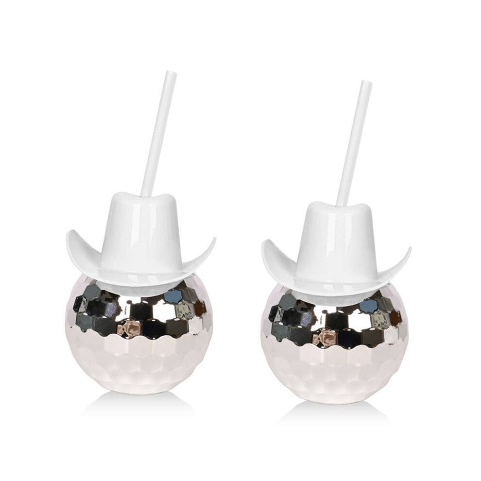 2Pcs Disco Cups With Straw, Disco Flash Cocktail Cup, Disco Cowboys Hat Cups, Flash Cocktail Cup + Silver/White