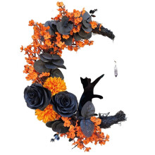 Halloween Signs Moon Shaped Door Wreaths Goth Roses Black Cats Garland Front Door Ornament Halloween Decor, A