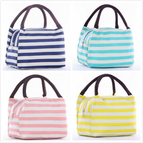 (Pink)Stripe Portable Lunch Bag Insulation Practical Convenient Simple Premium Quality 1