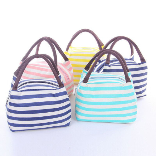 (Pink)Stripe Portable Lunch Bag Insulation Practical Convenient Simple Premium Quality 2