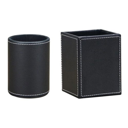 2Pack PU Leather Pens Pencils Holder Cup Desktop Stationery Organizer Case Office Accessories Container Box Black