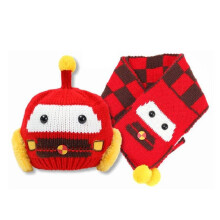 (Red)Soft And Warm Baby Knit Hat And Scarf Set With Cute Car Pattern For Toddlers