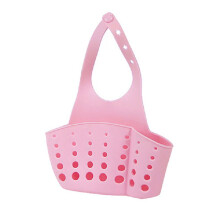 (Pink)Kitchen Sink Soap Sponge Holder Organizer Adjustable Snap Hanging Basket Drain
