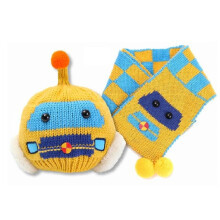 (Yellow)Soft And Warm Baby Knit Hat And Scarf Set With Cute Car Pattern For Toddlers