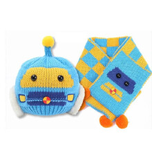 (Blue)Soft And Warm Baby Knit Hat And Scarf Set With Cute Car Pattern For Toddlers
