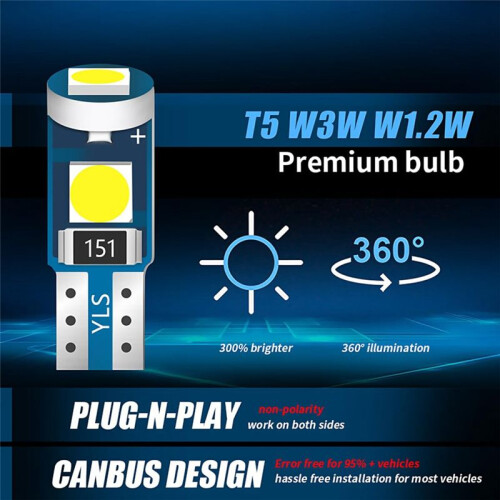 20Pcs T5 LED Lights for Car Dashboard Panel Gauge Indicator, 3030-3SMD Light Replacement with Twist Lock Socket - White 1
