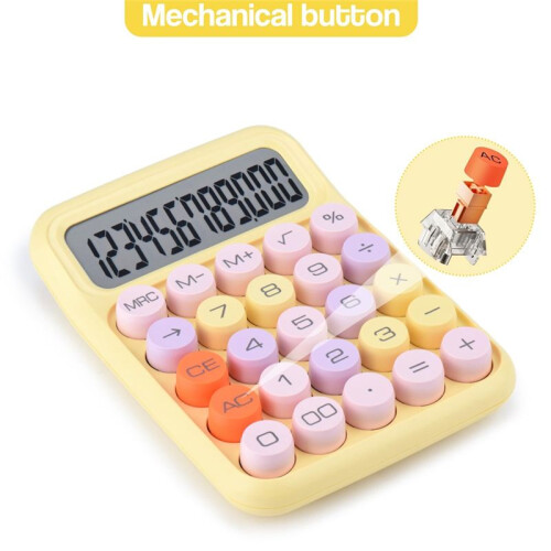 Mechanical Pushbutton Calculator, 12 Digit LCD Display,  Buttons Easy to Press, Colorful Candy Calculator Yellow 1