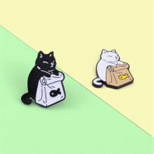 Cute Black White Cat-Enamel Fish Brooch of Cartoon Animals Metal Funny Meme Badge Pins for Lapel Kids Women Bags