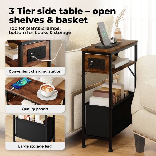 Slim Side Table with Charging Station Storage 2