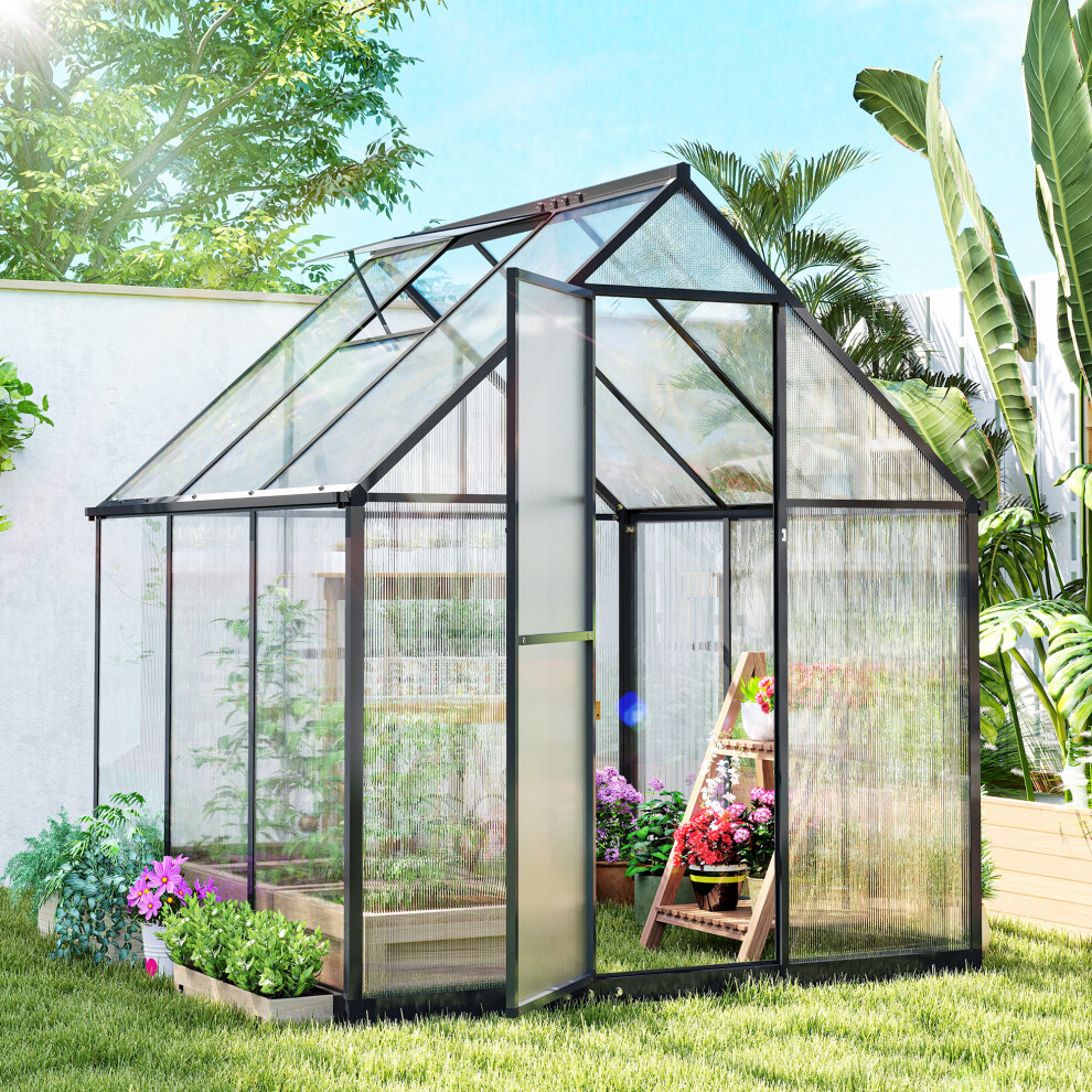 Outsunny Polycarbonate Greenhouse Garden Green House With Rain Gutter, Black