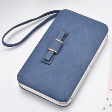 (Blue)Women Bowknot Wallet Long Purse Phone Card Holder Clutch Large Pocket Capacity