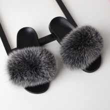 (BlackGray, 38) Womens Girls Fur Slides Fuzzy Furry Slippers Comfort Sandals Shoes Slider