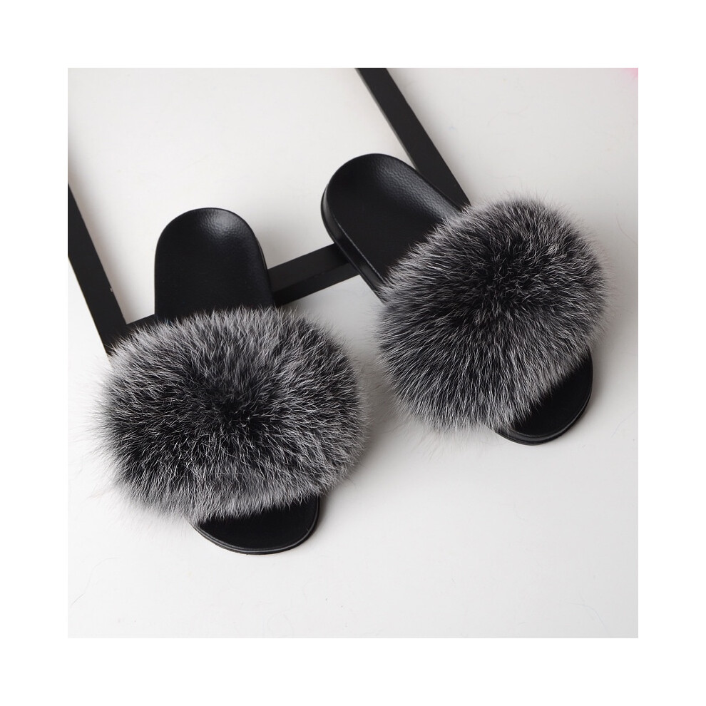 (BlackGray, 38) Womens Girls Fur Slides Fuzzy Furry Slippers Comfort Sandals Shoes Slider