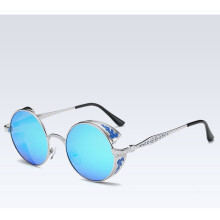 (SilverFrameBlueMirror)Gepolariseerde retro steampunk ronde zonnebril spiegelbril heren bril dames