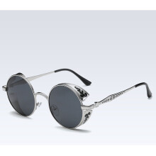 (Silver Frame Black Lens)Polarized Retro Steampunk Round Sunglasses Mirror Glasses Male Glasses Female
