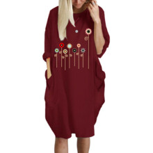 (Wine Red,5XL)Women Dress Pullover Ladies Baggy Loose Short Sleeve Pocket Print Dress Casual