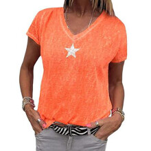 (Orange,M)Damen V-Ausschnitt Tshirt Freizeit Locker Stern Sommer Shirts Einfarbig Kurzarm