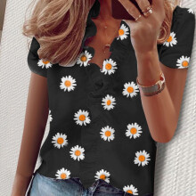 (Floar Black,L)Womens V Neck Ruffle Short Sleeve T Shirt Ladies Casual Basic Blouse Shirts Tops