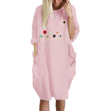 (Pink,2XL)Women Dress Pullover Ladies Baggy Loose Short Sleeve Pocket Print Dress Casual