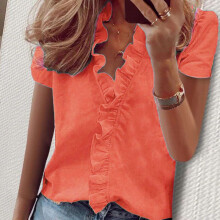 (Orange,4XL)Damen-T-Shirt V-Ausschnitt Rüschen Kurzarm Damen Freizeit Basic Bluse Shirts Tops
