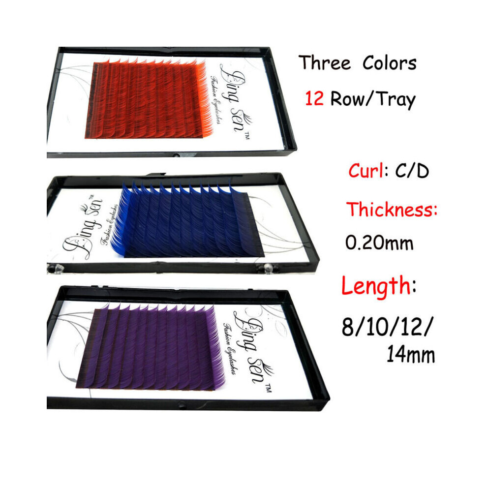 (Red D, 12mm) 12 Lines Women False Eyelashes Fiber Material Two Curls Colors Degree Three